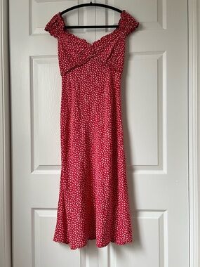 GAP Red Floral Midi Summer Dress with Sweetheart Neckline and Cap Sleeves XS